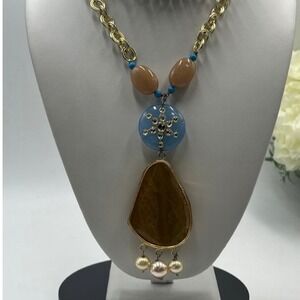 Vintage Gold Chain Brown Stone Pendant Blue‎ Beads Pearl Statement Necklace